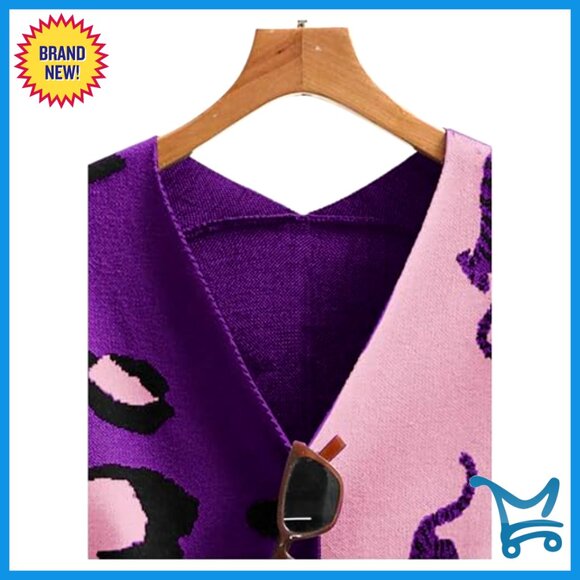 Leopard Print V-Neck Cardigan Long Sleeve Button Down Sweater Loose Fit - Picture 5 of 7